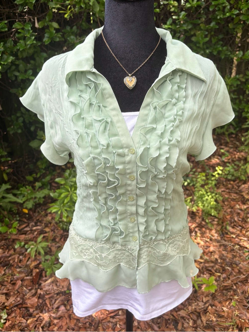 Coquette Dreamy Teal Ruffle Button-Up Blouse with Lace Detailing